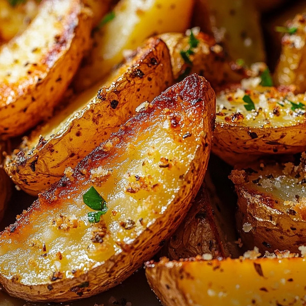Crispy Garlic Parmesan Potato Wedges served on a plate with herbs