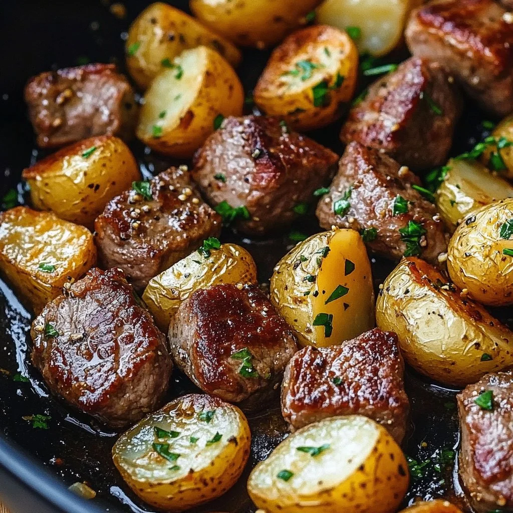 Delicious Garlic Steak Bites served with roasted potatoes