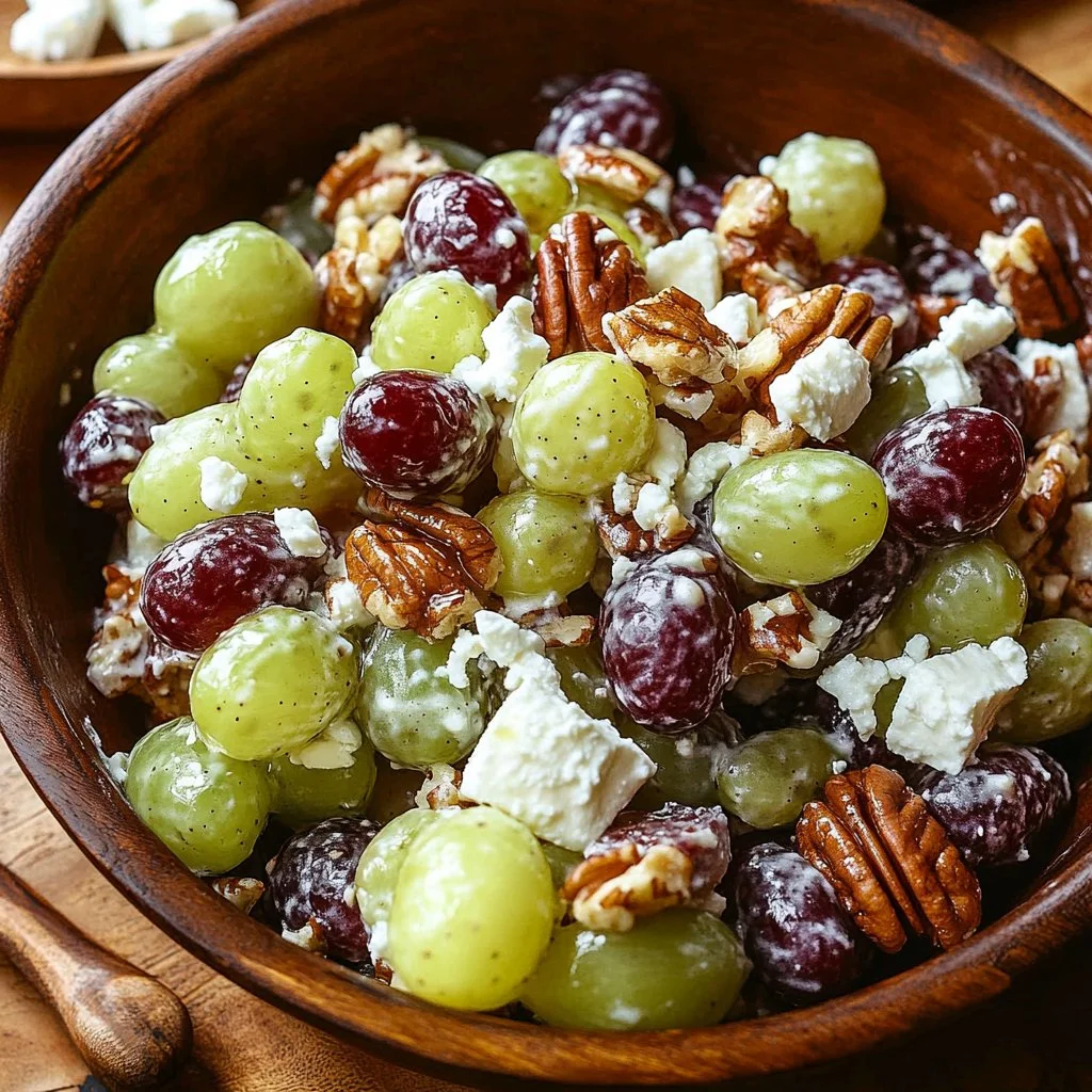 A colorful bowl of refreshing grape salad with mixed fruits and nuts.