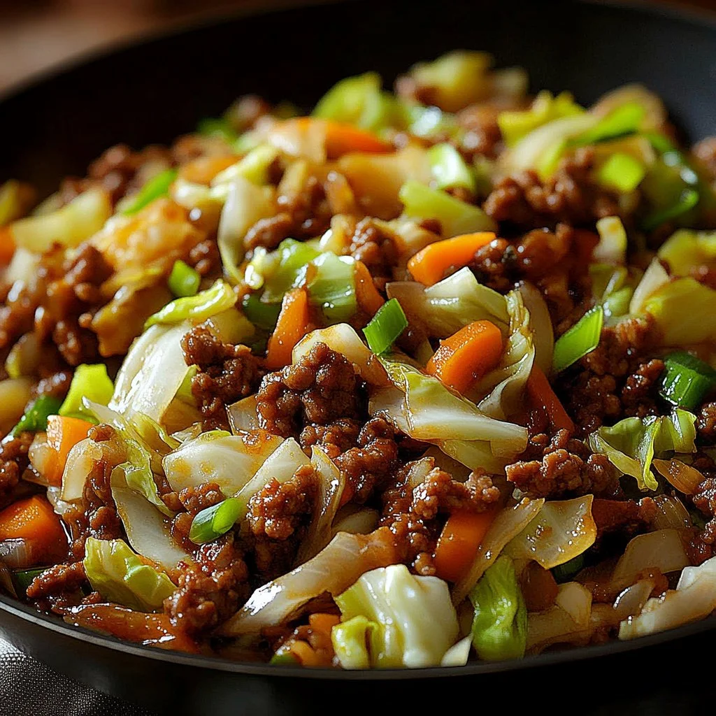 Ground Beef and Cabbage Skillet dish served in a frying pan