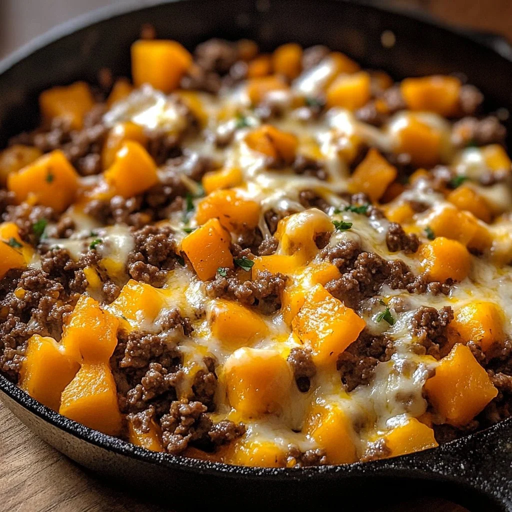 Ground Beef and Sweet Potato Skillet dish served in a pan