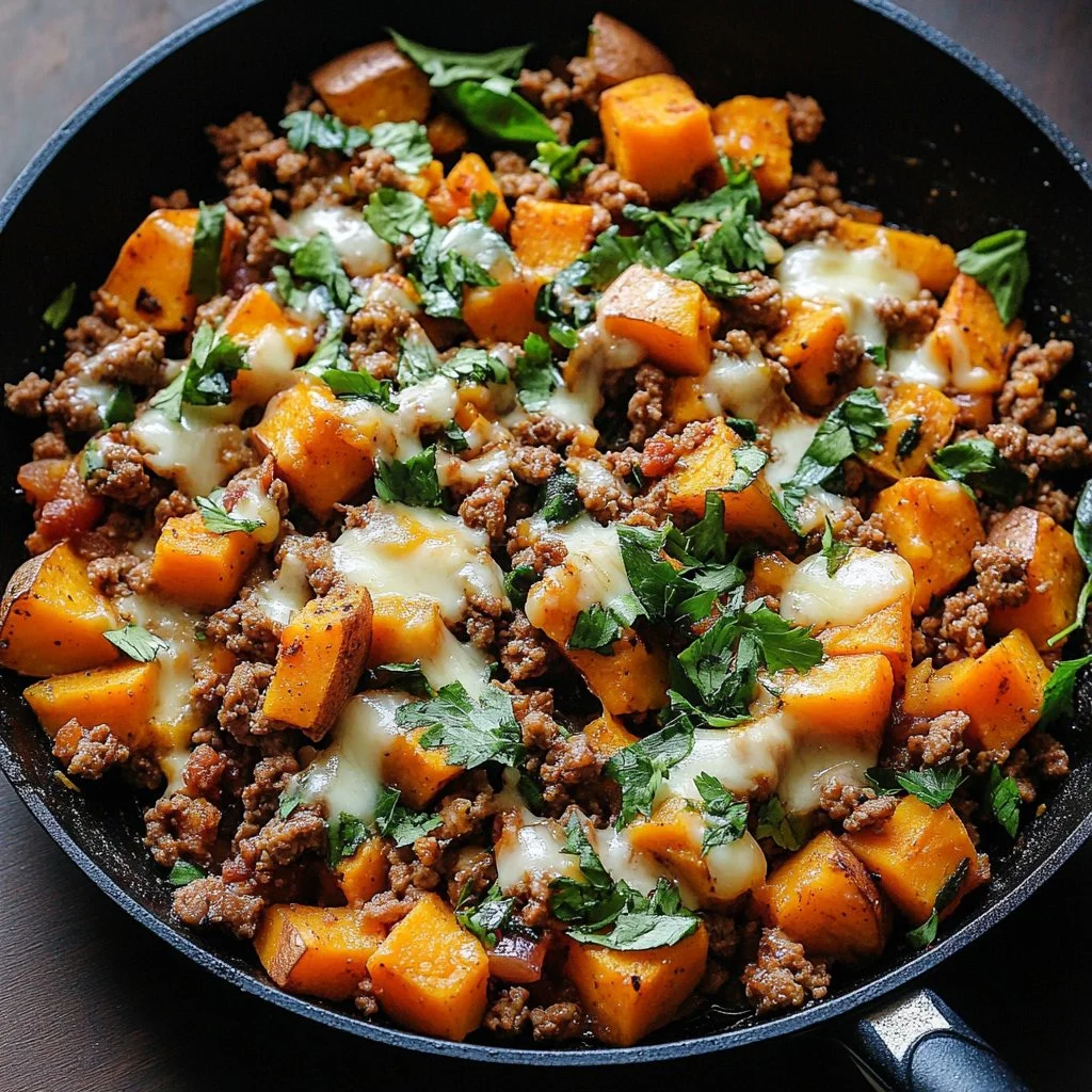 Ground Turkey and Sweet Potato Skillet dish cooked in a skillet