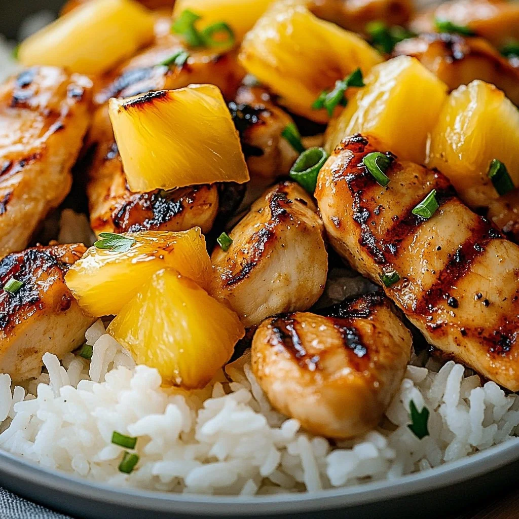Plate of Hawaiian Chicken served with pineapple and coconut rice