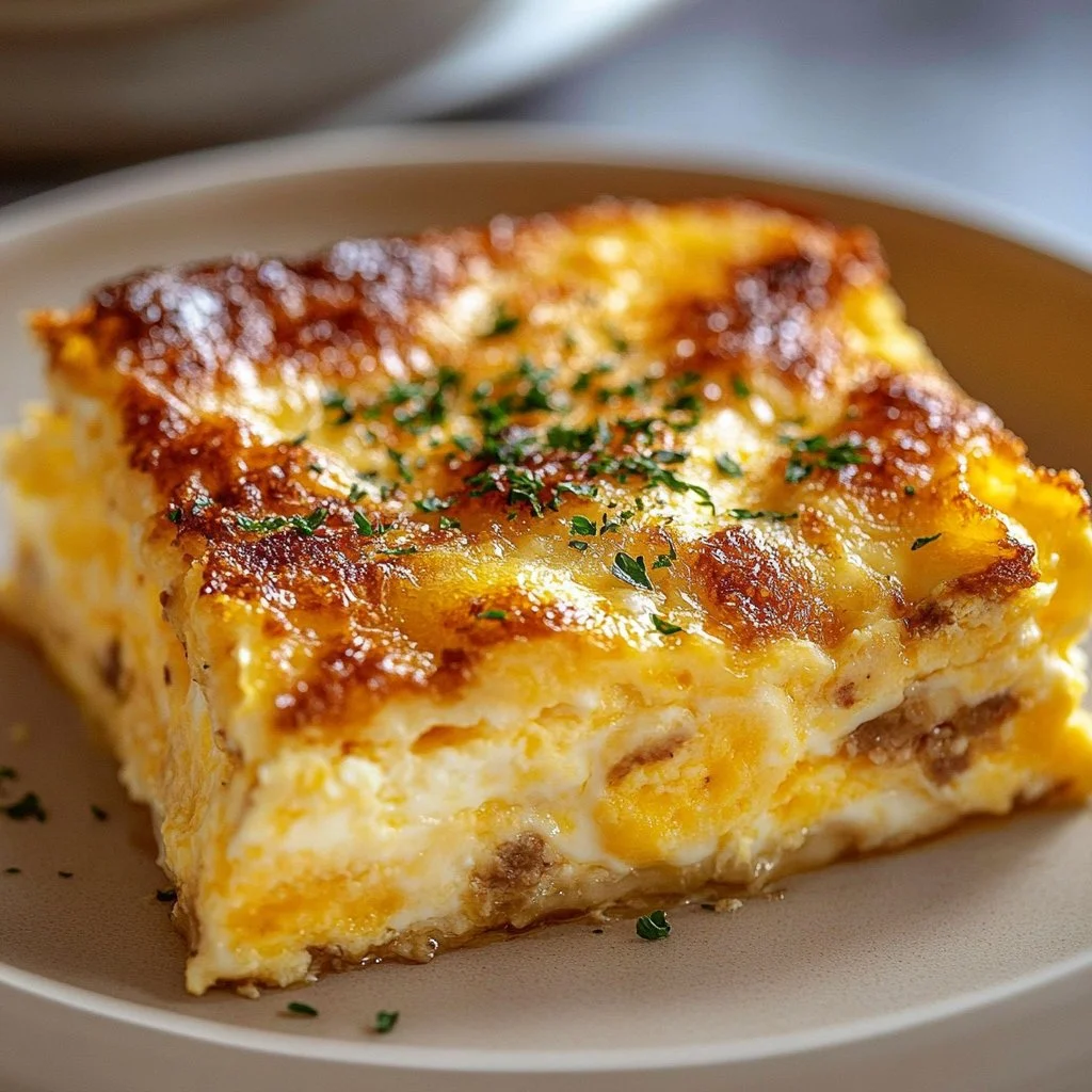 Hearty breakfast casserole dish with eggs, cheese, and vegetables.