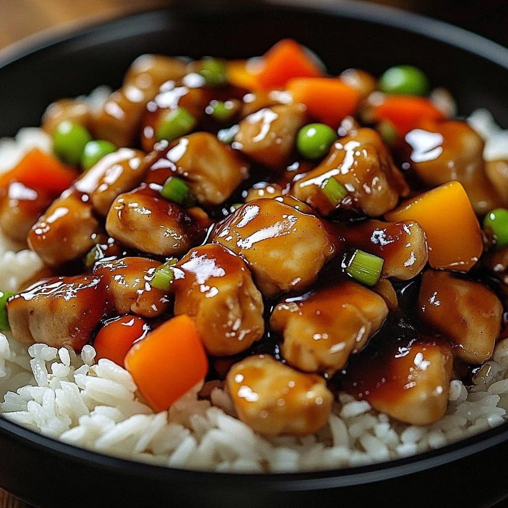 Plate of Honey-BBQ Chicken with rice and mixed veggies