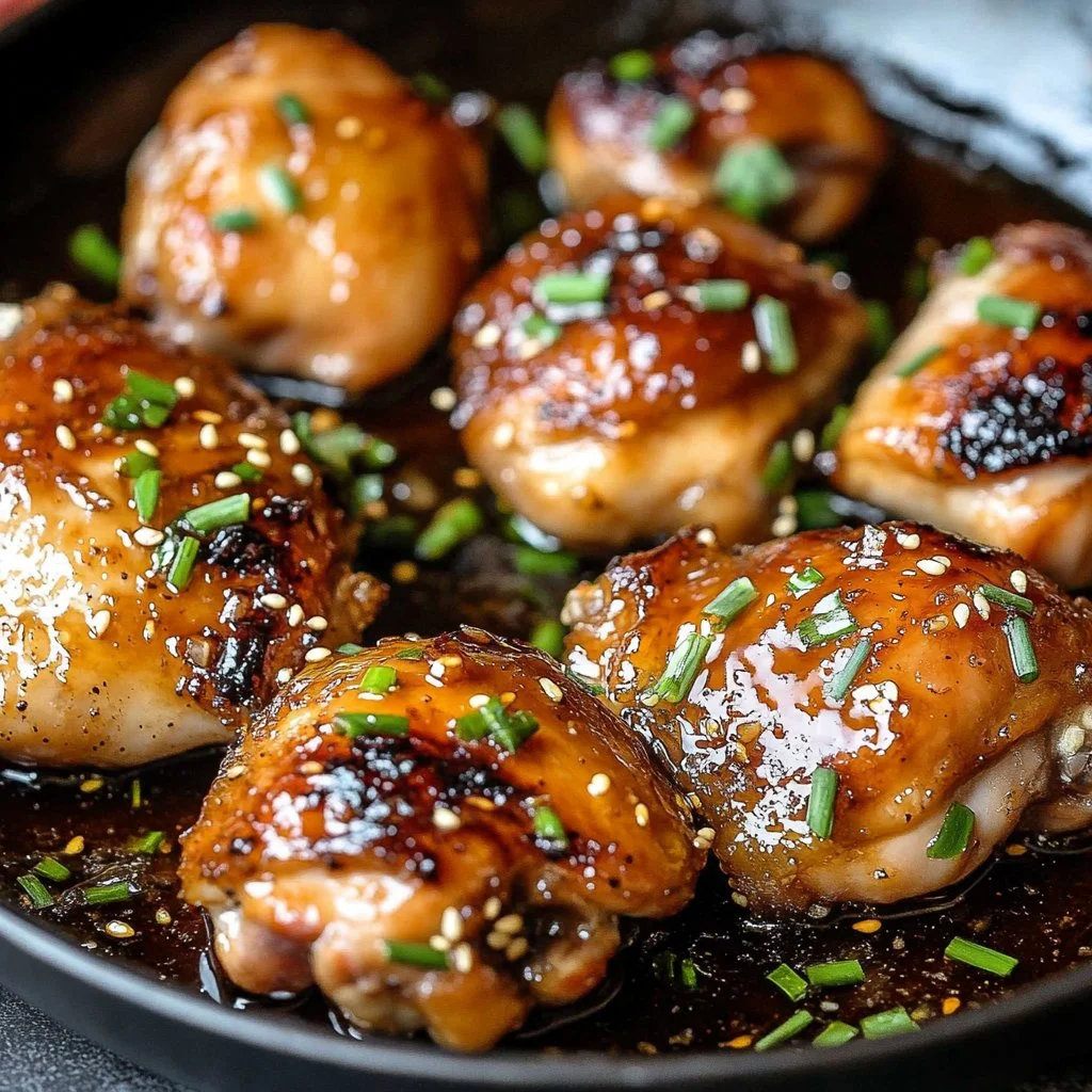Honey garlic boneless chicken thighs served on a plate with fresh herbs