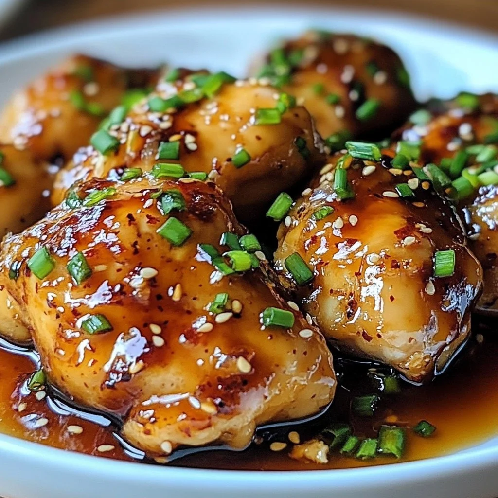 Plate of Honey Garlic Chicken garnished with green onions and sesame seeds.