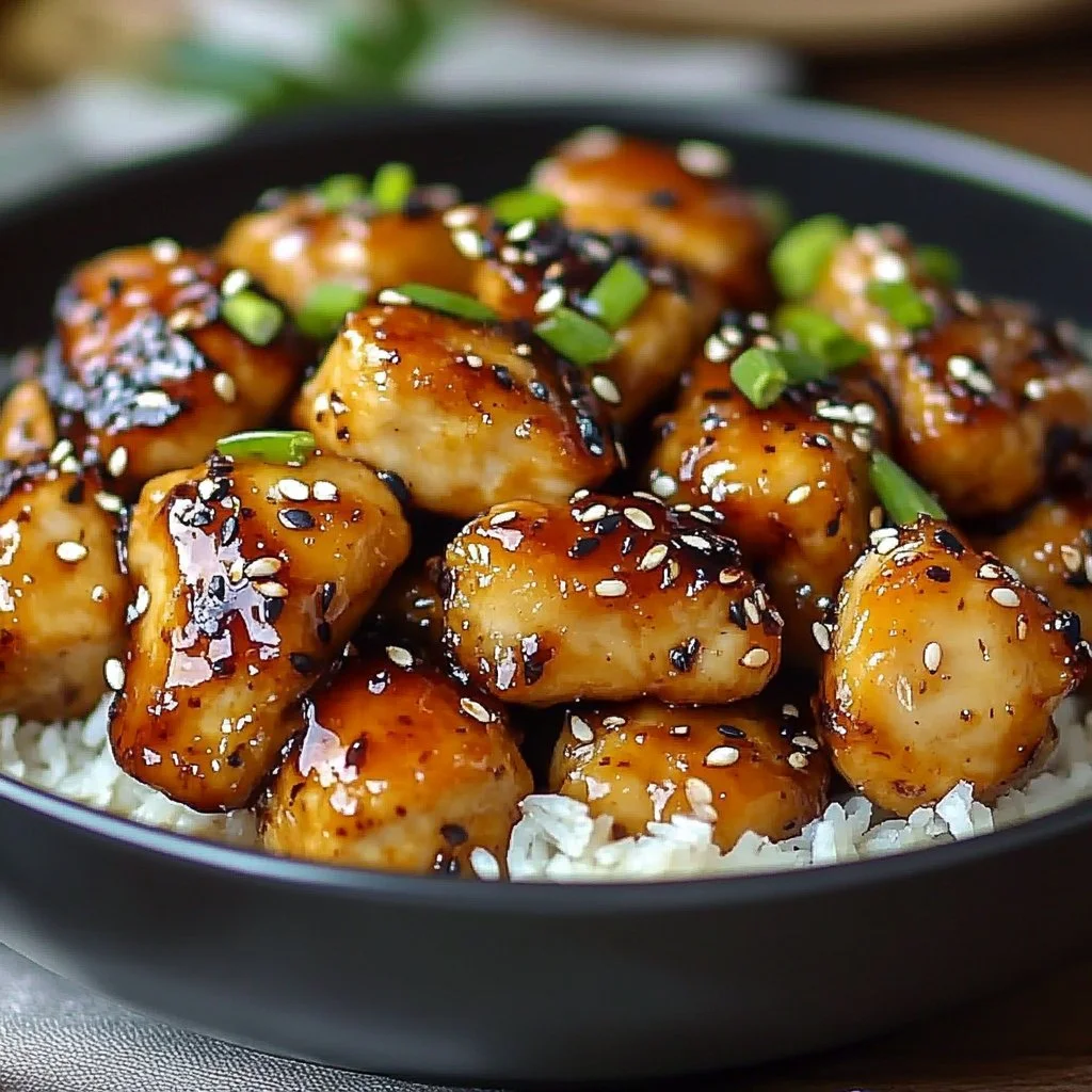 Plate of honey garlic chicken garnished with herbs and served with rice.
