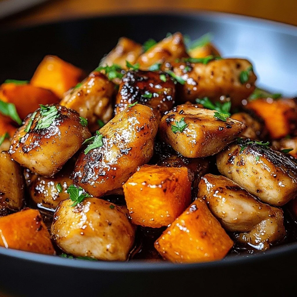 Delicious Honey Garlic Chicken served with roasted sweet potatoes