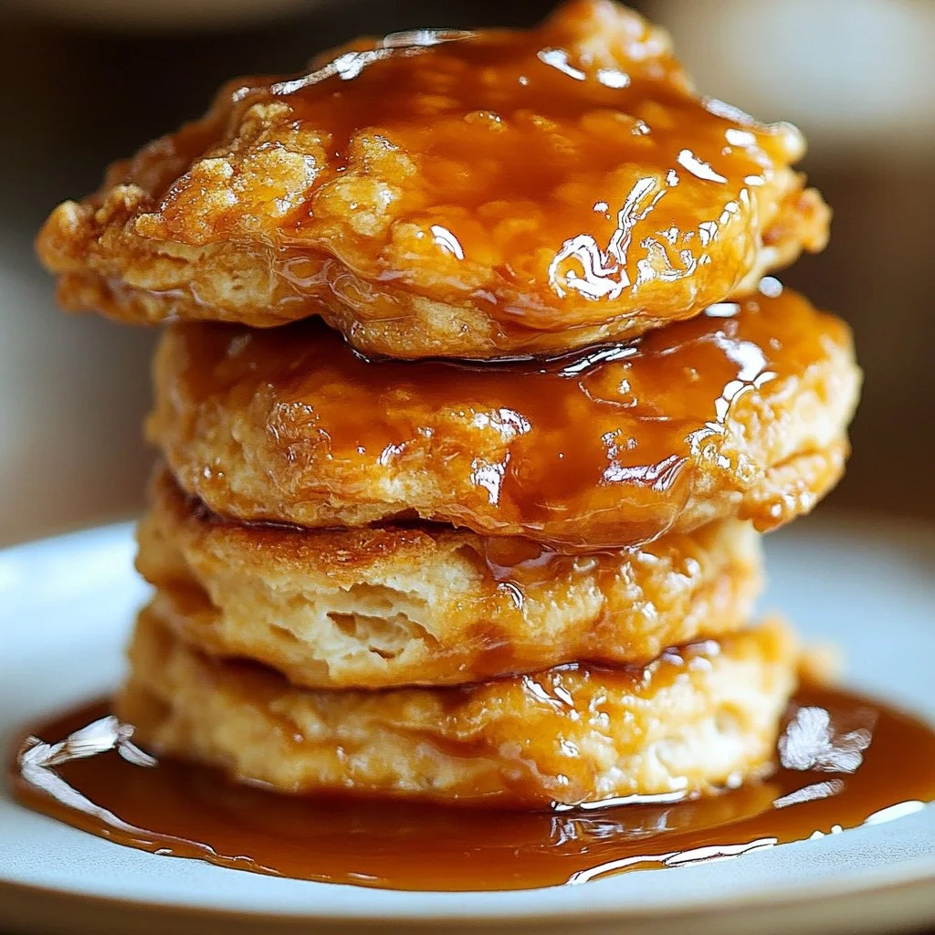 Plate of hot honey chicken biscuits garnished with herbs and honey drizzle.