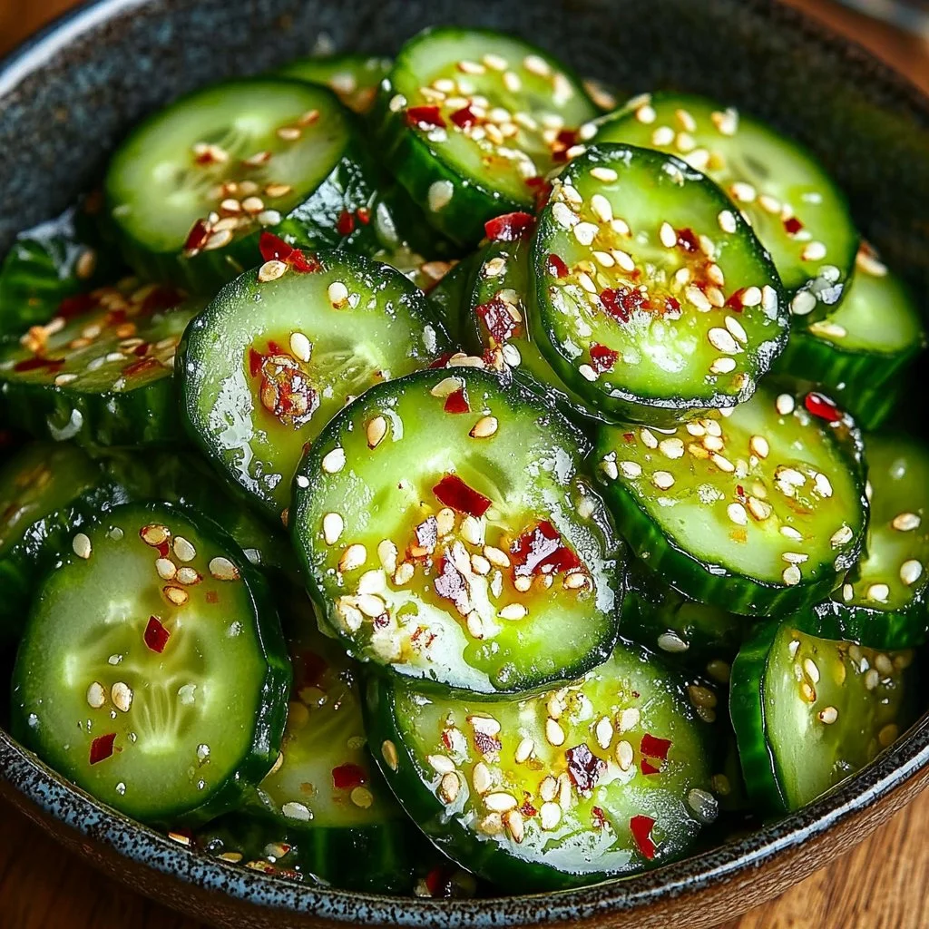 Korean Cucumber Salad garnished with sesame seeds and chili flakes for a flavorful dish.