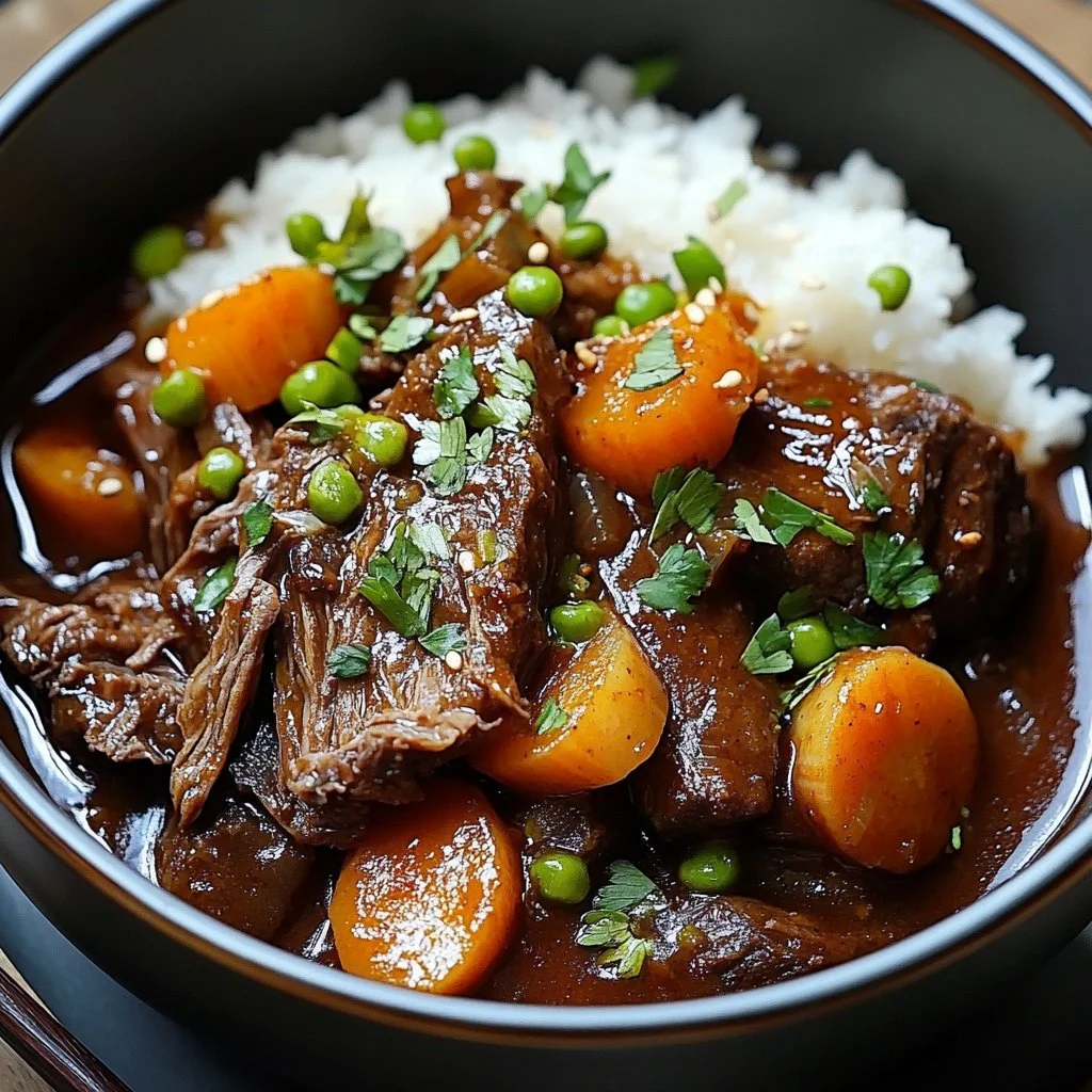 Korean Style Pot Roast served with vegetables and garnished with fresh herbs