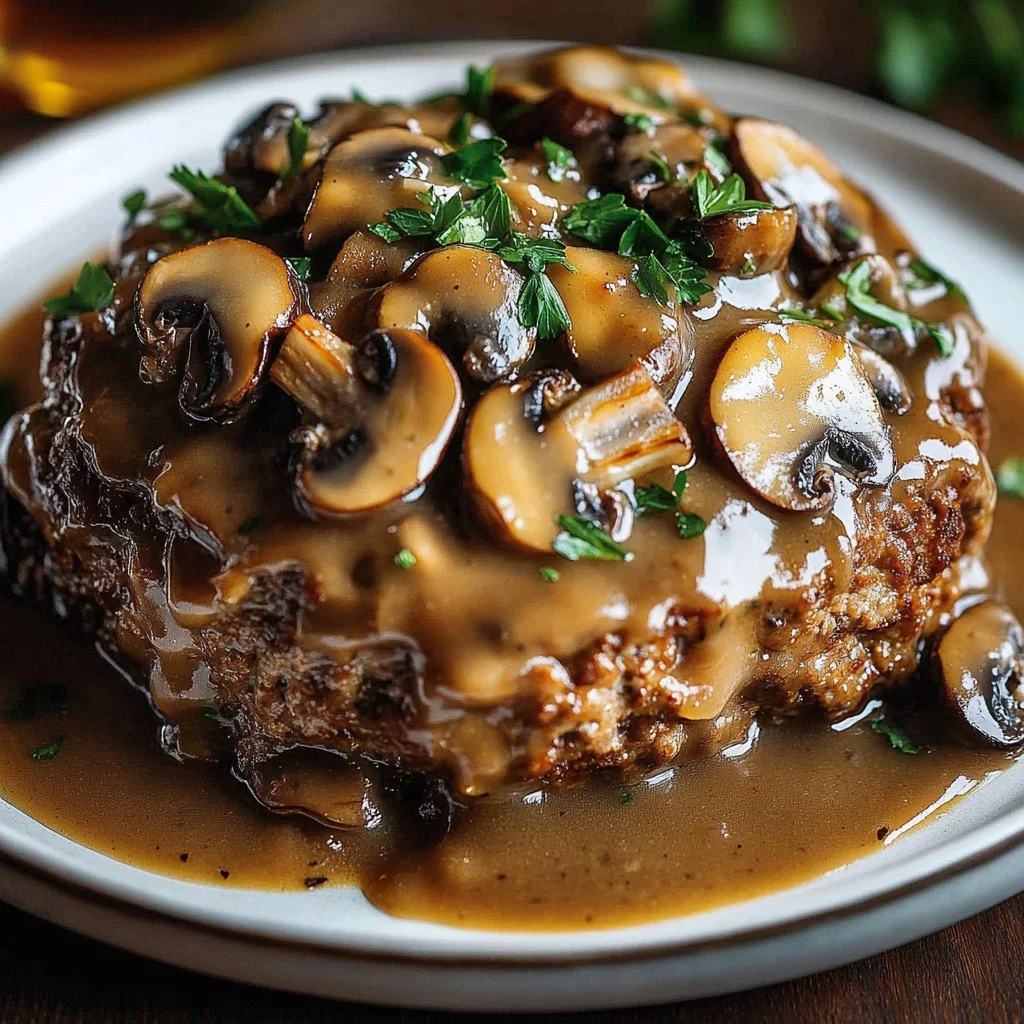 Meatloaf topped with savory mushroom gravy on a plate