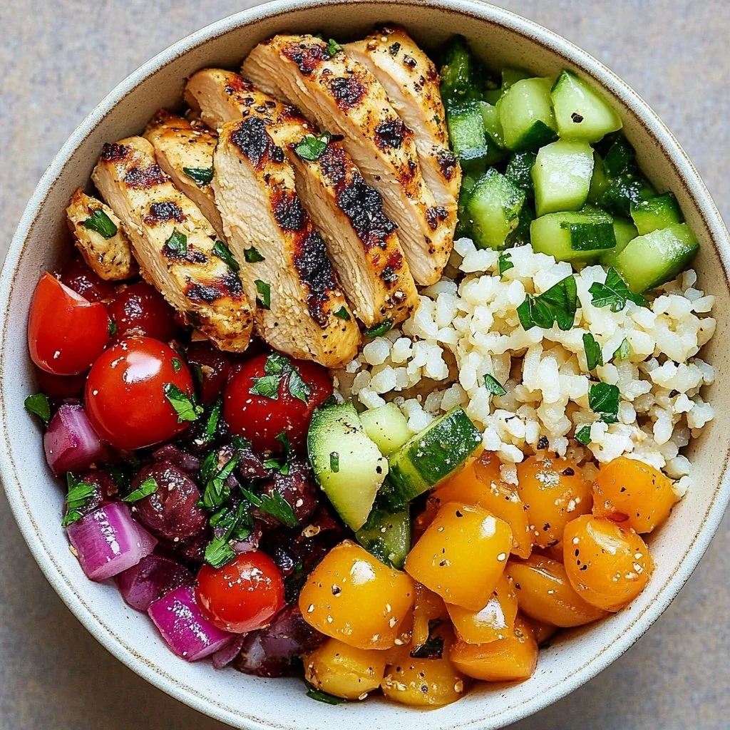 Mediterranean Chicken Bowl with fresh vegetables and grains