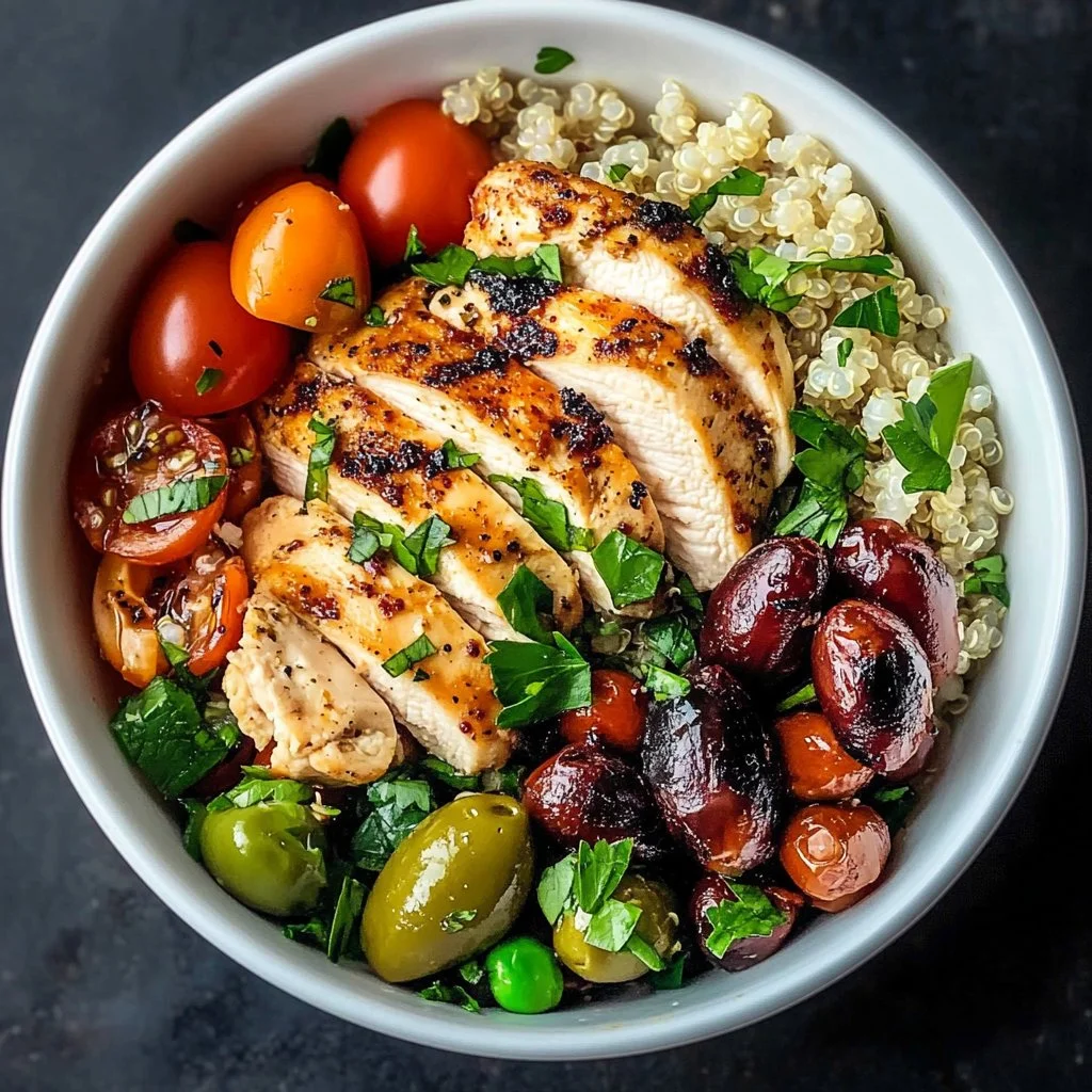 Delicious Mediterranean Chicken Quinoa Bowl topped with fresh vegetables and herbs.