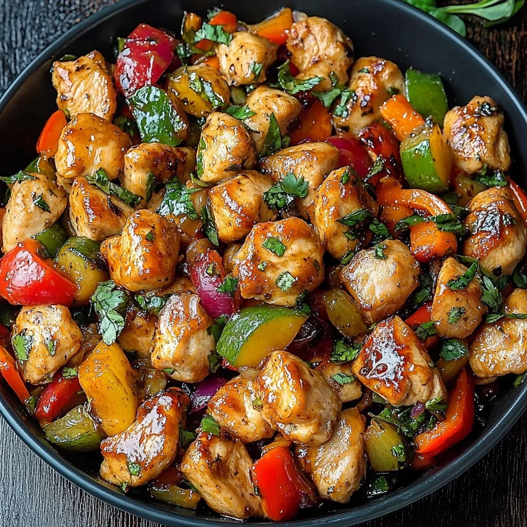 Mediterranean Chicken Stir-Fry with colorful vegetables in a skillet