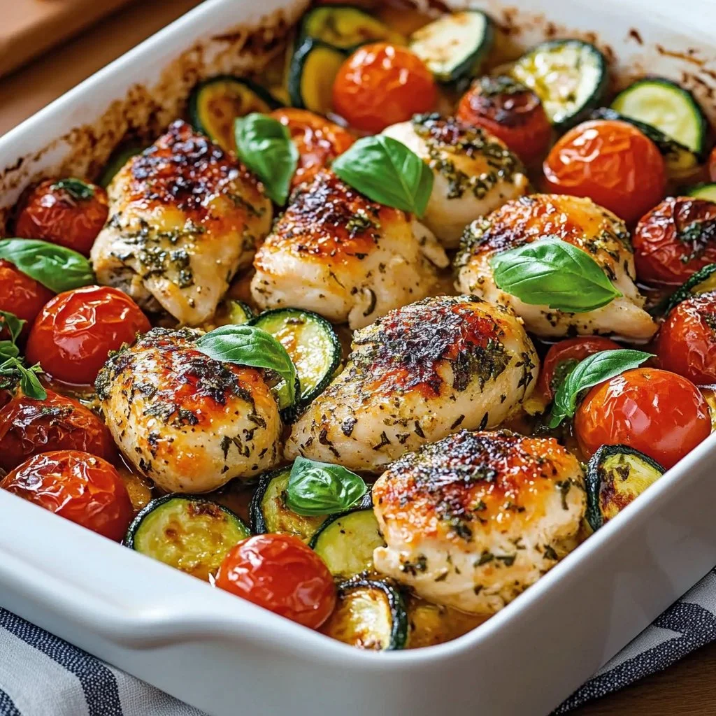 Mediterranean Chicken Zucchini Bake topped with herbs and colorful vegetables