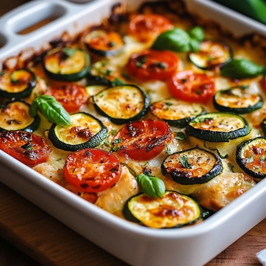 Mediterranean Chicken Zucchini Bake topped with fresh herbs and spices