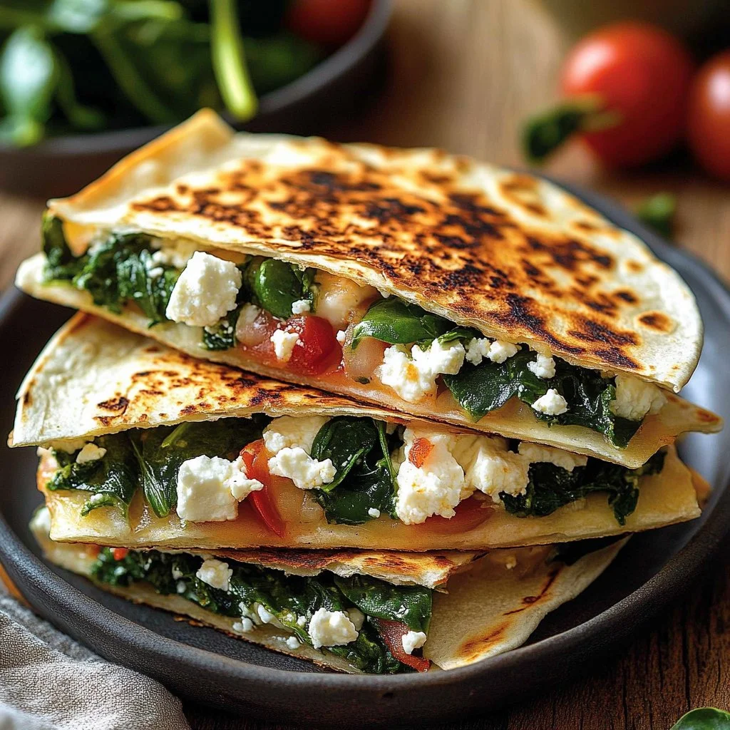 Mediterranean Quesadillas with Spinach, Feta, and Mozzarella