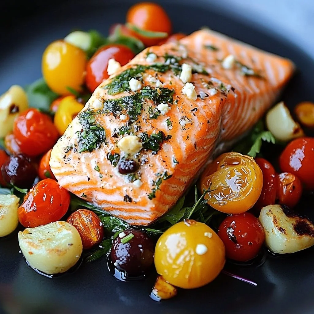 Plate of grilled Mediterranean Salmon garnished with herbs and lemon.