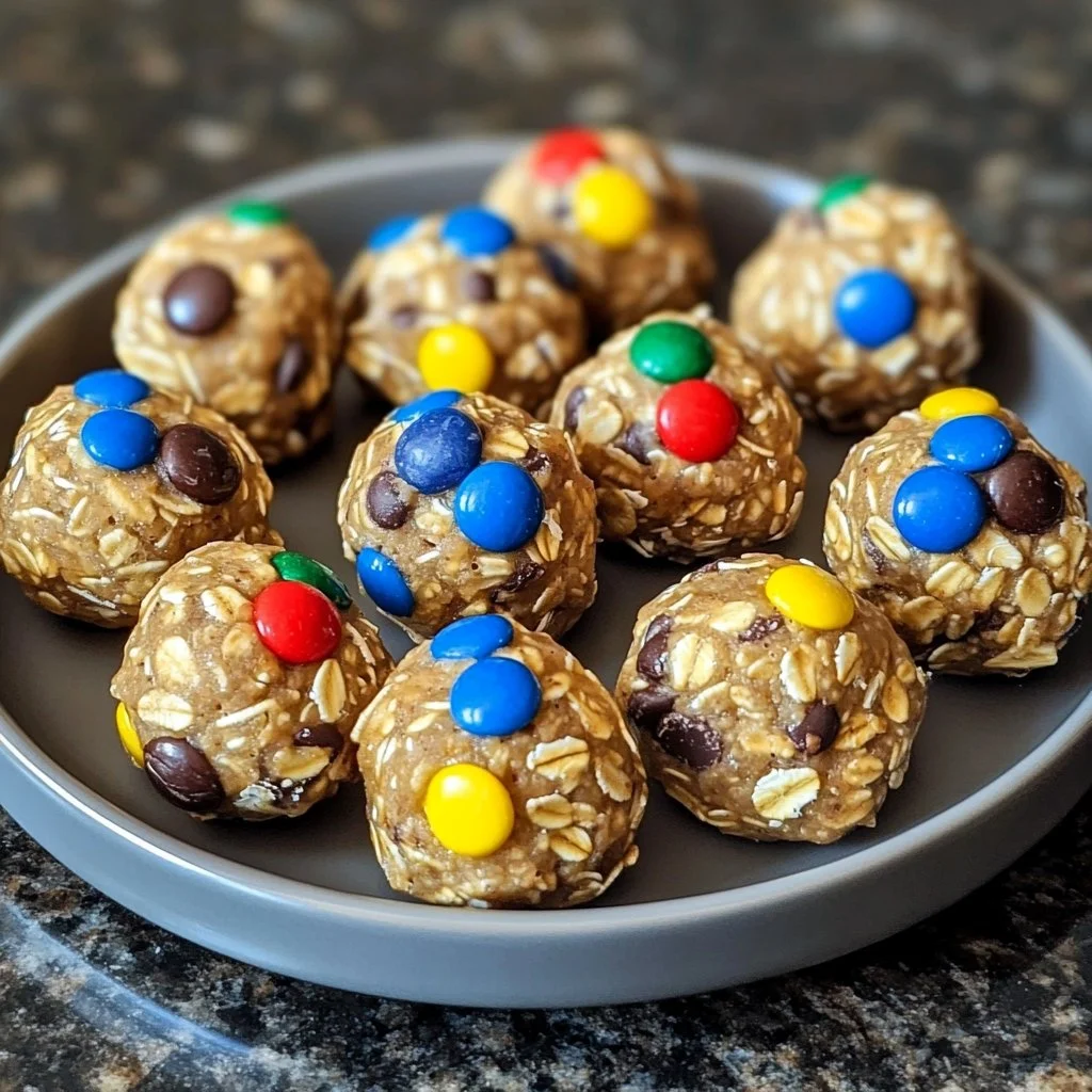 Homemade Monster Cookie Protein Balls made with oats, peanut butter, and chocolate chips.