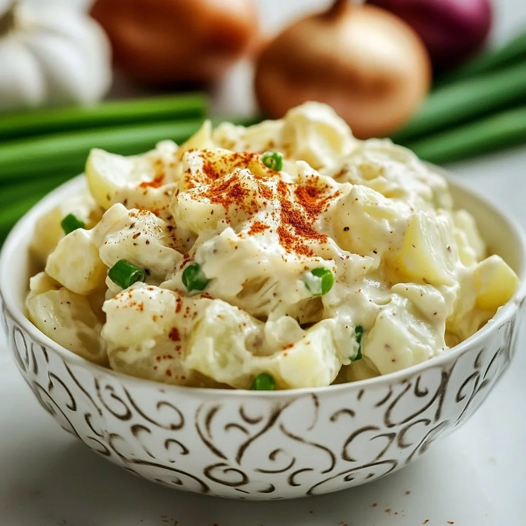 Bowl of old-fashioned potato salad with fresh herbs and seasonings