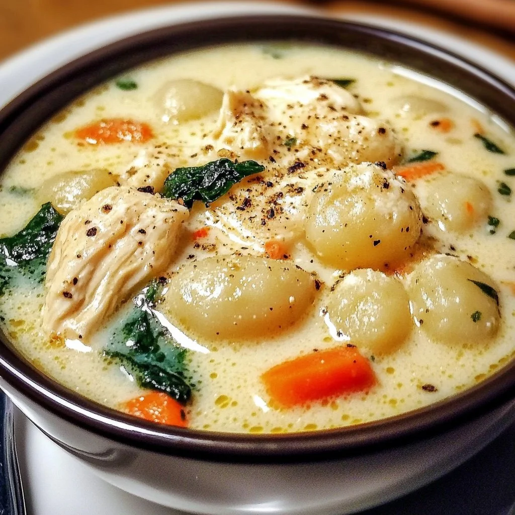 Bowl of Olive Garden Chicken Gnocchi Soup with herbs and ingredients