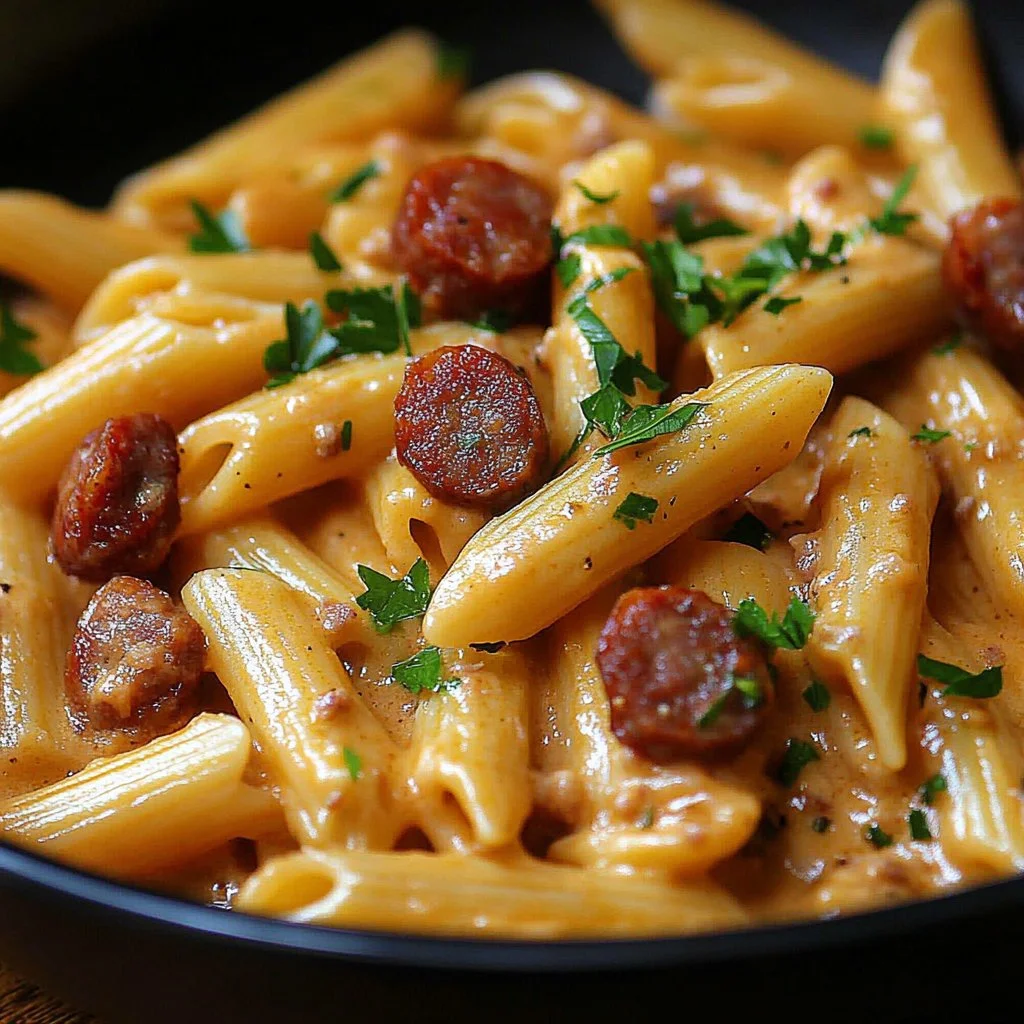 Delicious one pot kielbasa pasta served in a bowl with fresh herbs.