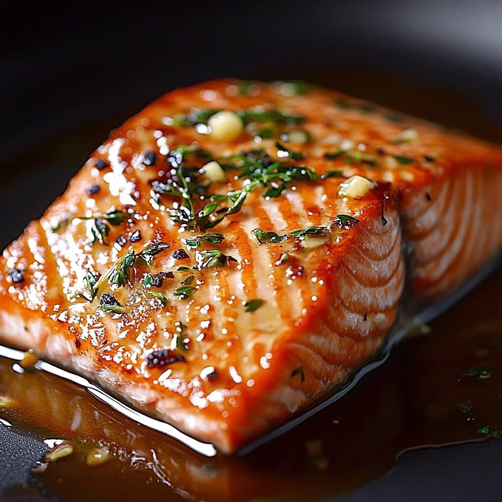 Oven-Baked Salmon with Garlic Butter garnished with herbs