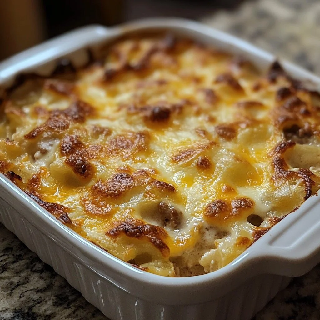 Delicious overnight breakfast casserole served in a baking dish with toppings