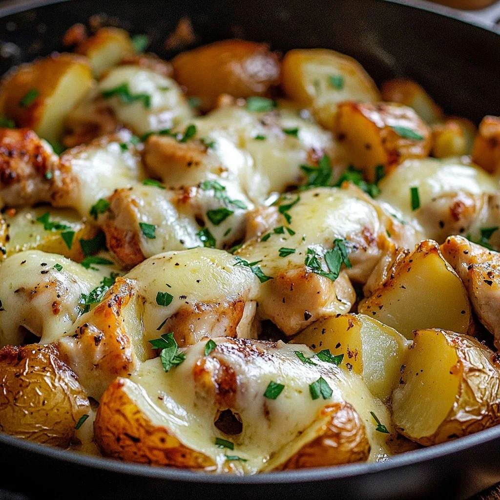 Delicious Parmesan Chicken and Potatoes Skillet served in a pan