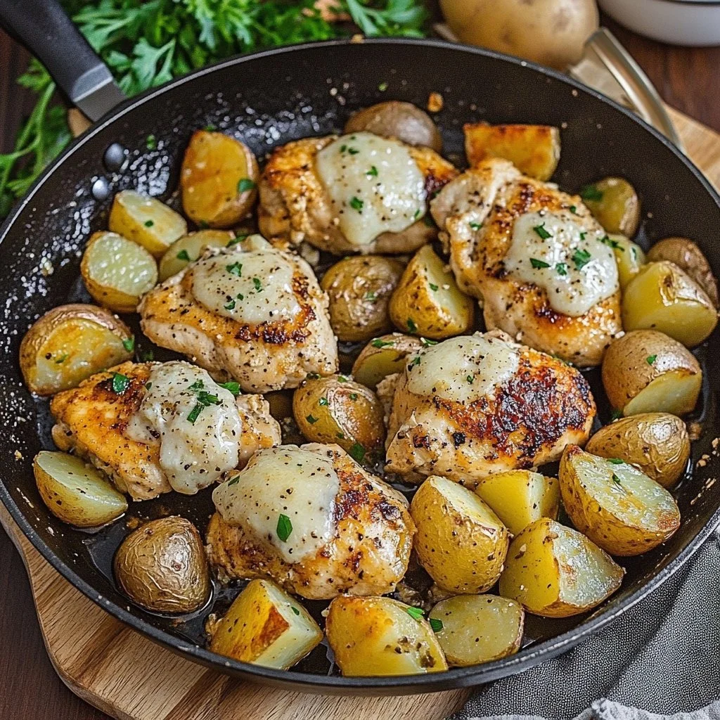 Parmesan Chicken and Potatoes Skillet 1 Garlic Parmesan Chicken and Potatoes Skillet