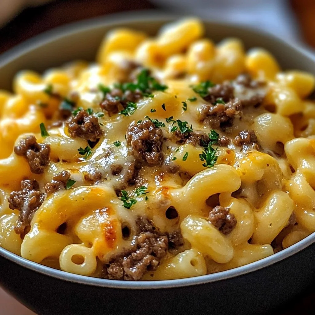 Delicious bowl of Philly cheesesteak mac & cheese topped with cheese and steak