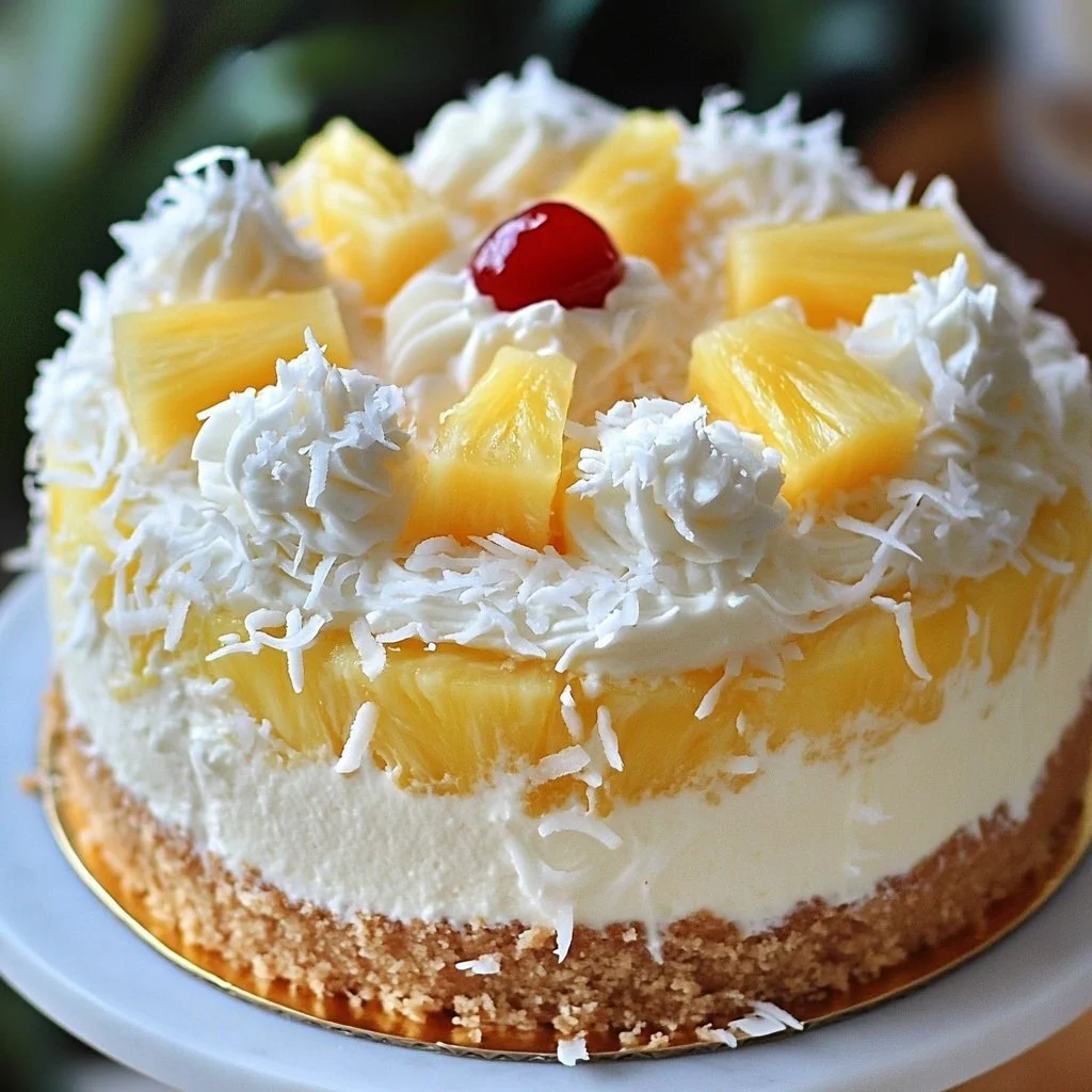 Pineapple Coconut Dream Cake topped with coconut flakes and pineapple slices