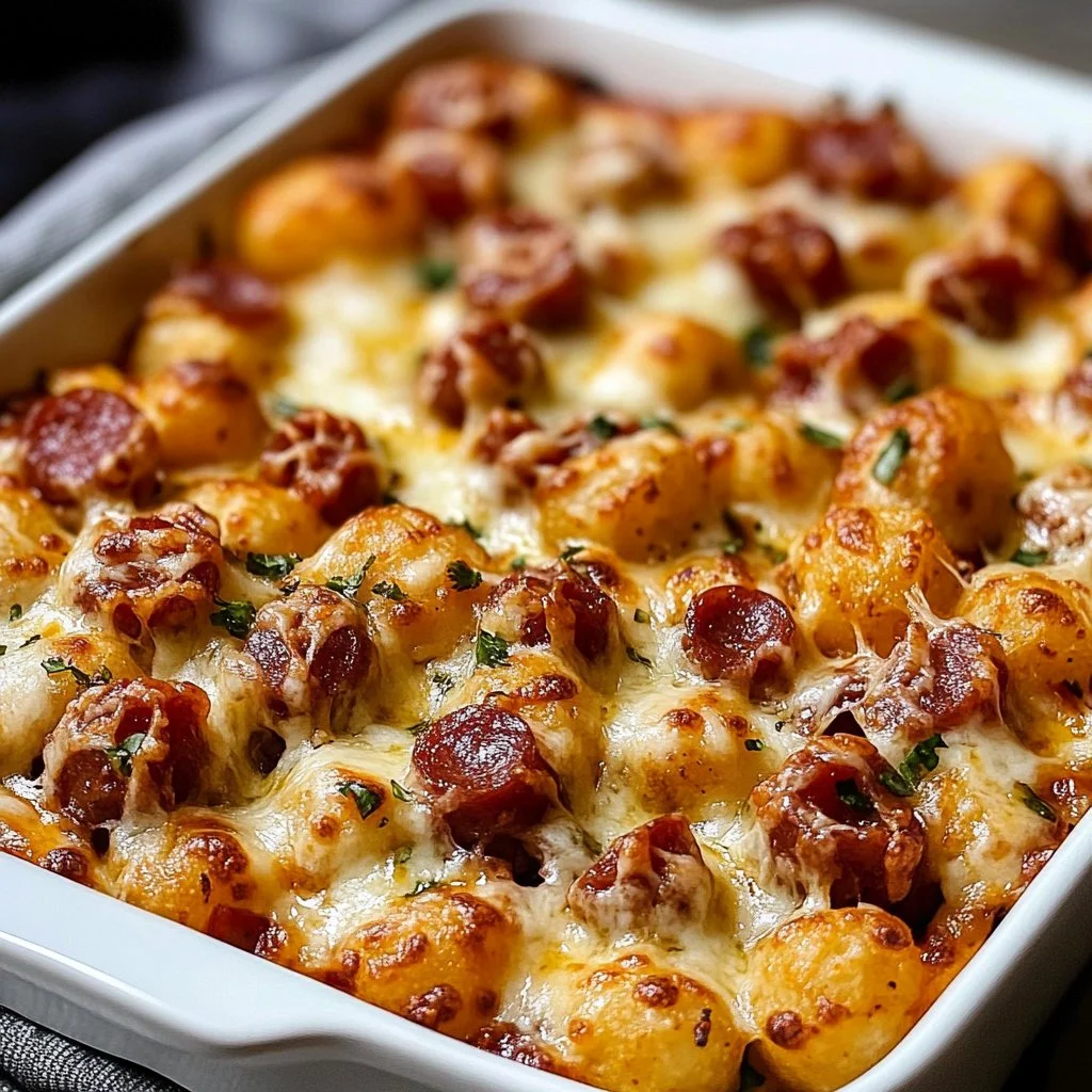 Delicious Pizza Tot Casserole topped with cheese and pepperoni