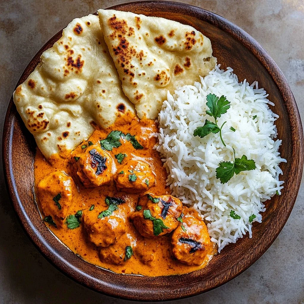 Quick weeknight butter chicken served with rice and garnish