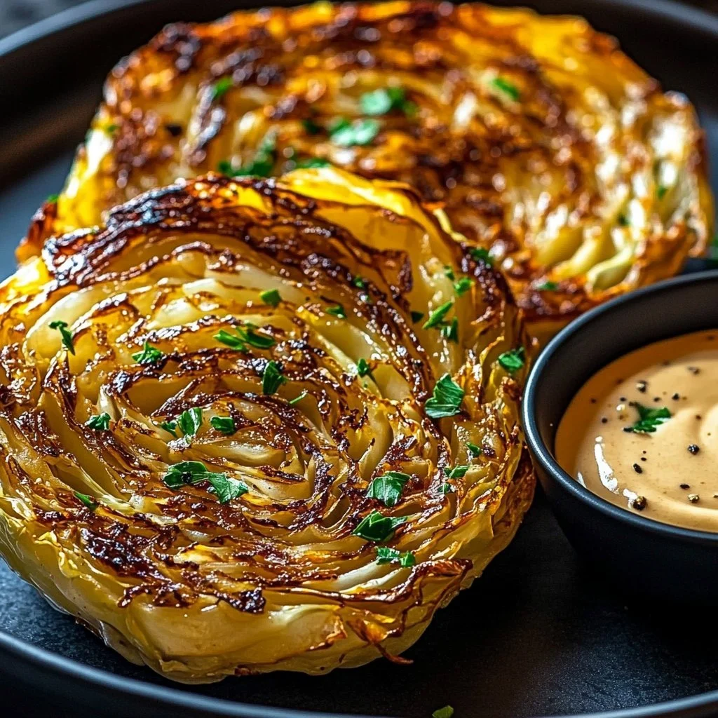 Delicious roasted cabbage steaks on a plate, seasoned and ready to serve