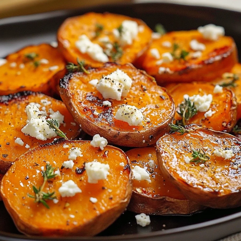 Roasted sweet potato rounds topped with crumbled feta cheese
