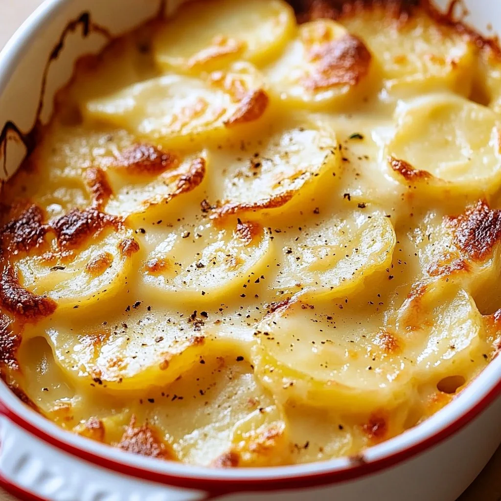 Delicious scalloped potatoes baked to perfection, creamy and cheesy dish