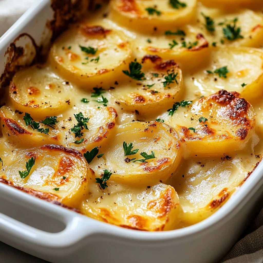Deliciously baked scalloped potatoes topped with cheese and herbs