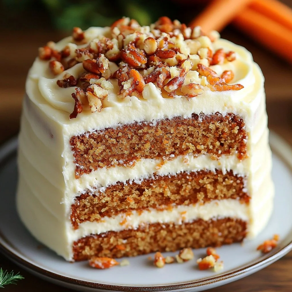 Delicious homemade simple carrot cake topped with cream cheese frosting.