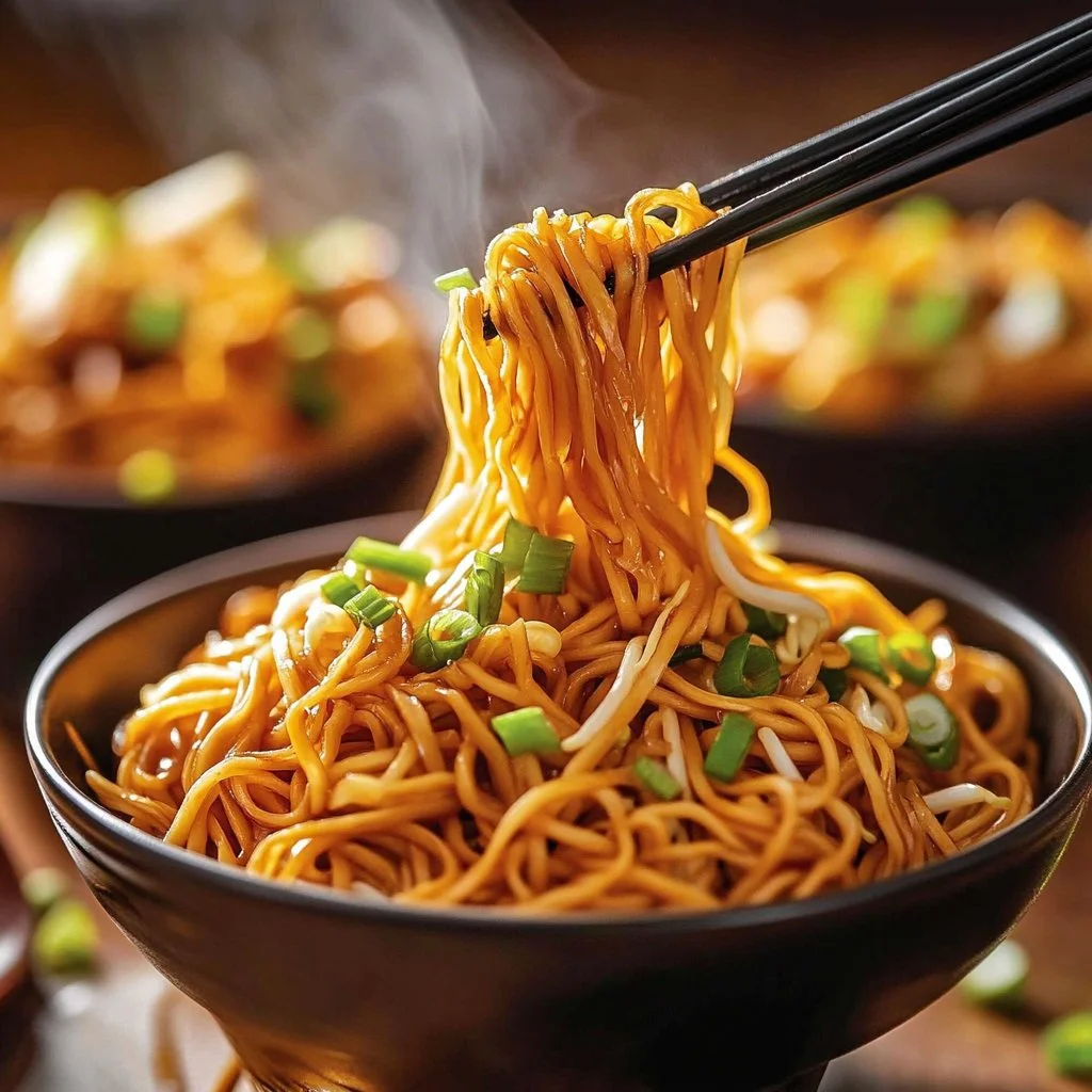 Plate of simple fried noodles with mixed vegetables ready to be served