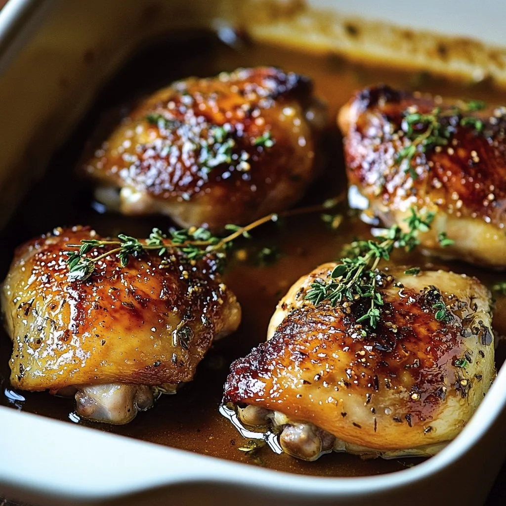 Skillet chicken thighs garnished with lemon slices and herbs in a pan