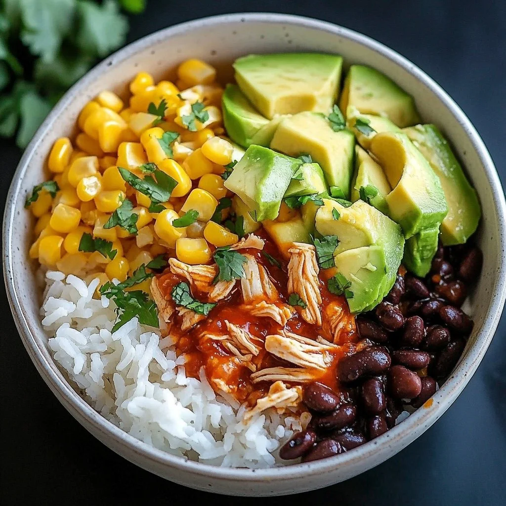 Slow cooker chicken burrito bowl with rice, beans, and fresh toppings