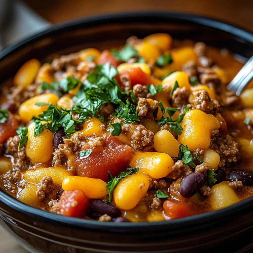 Delicious slow cooker cowboy casserole with beef, beans, and cheese