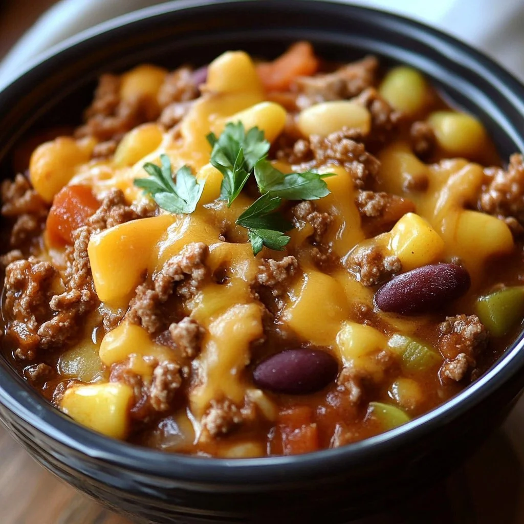 Slow cooker cowboy casserole with hearty ingredients and cheese topping