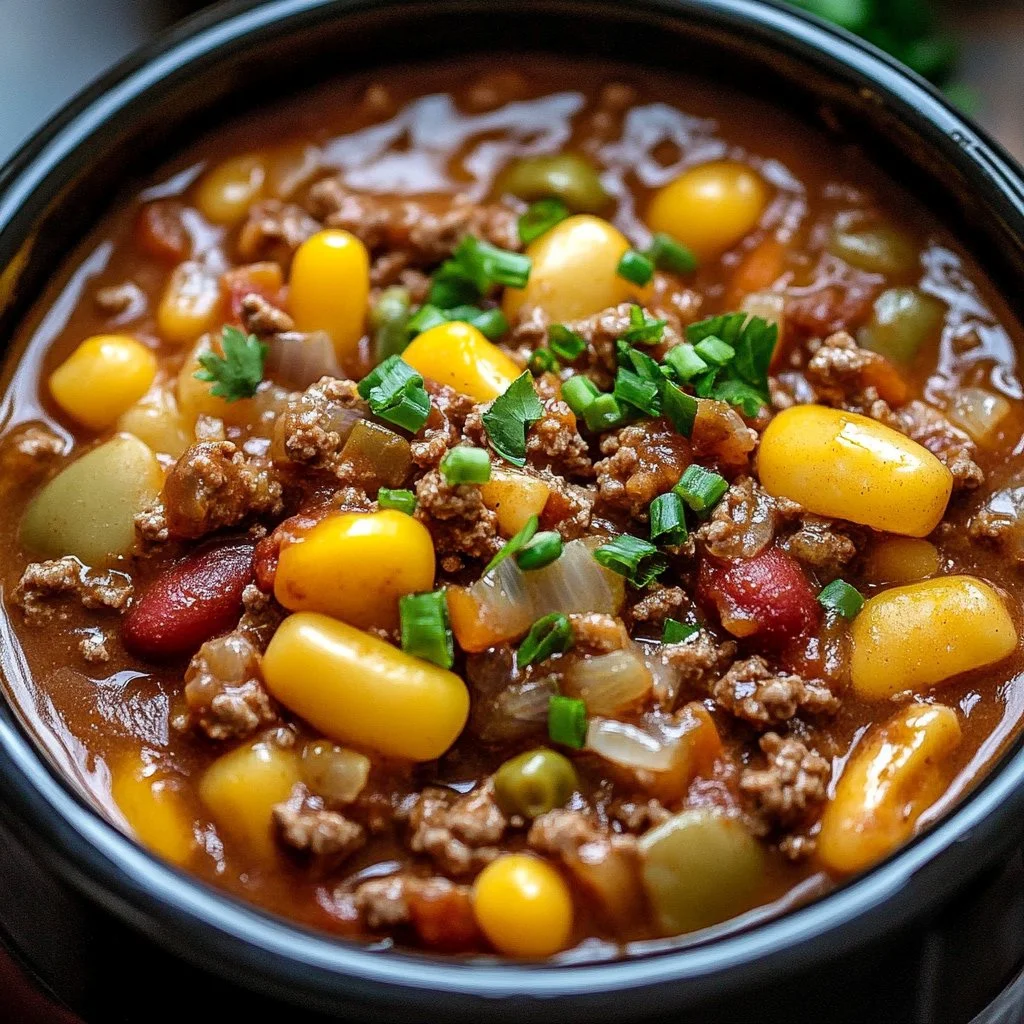 A delicious slow cooker cowboy casserole with beans, ground beef, and cheese.