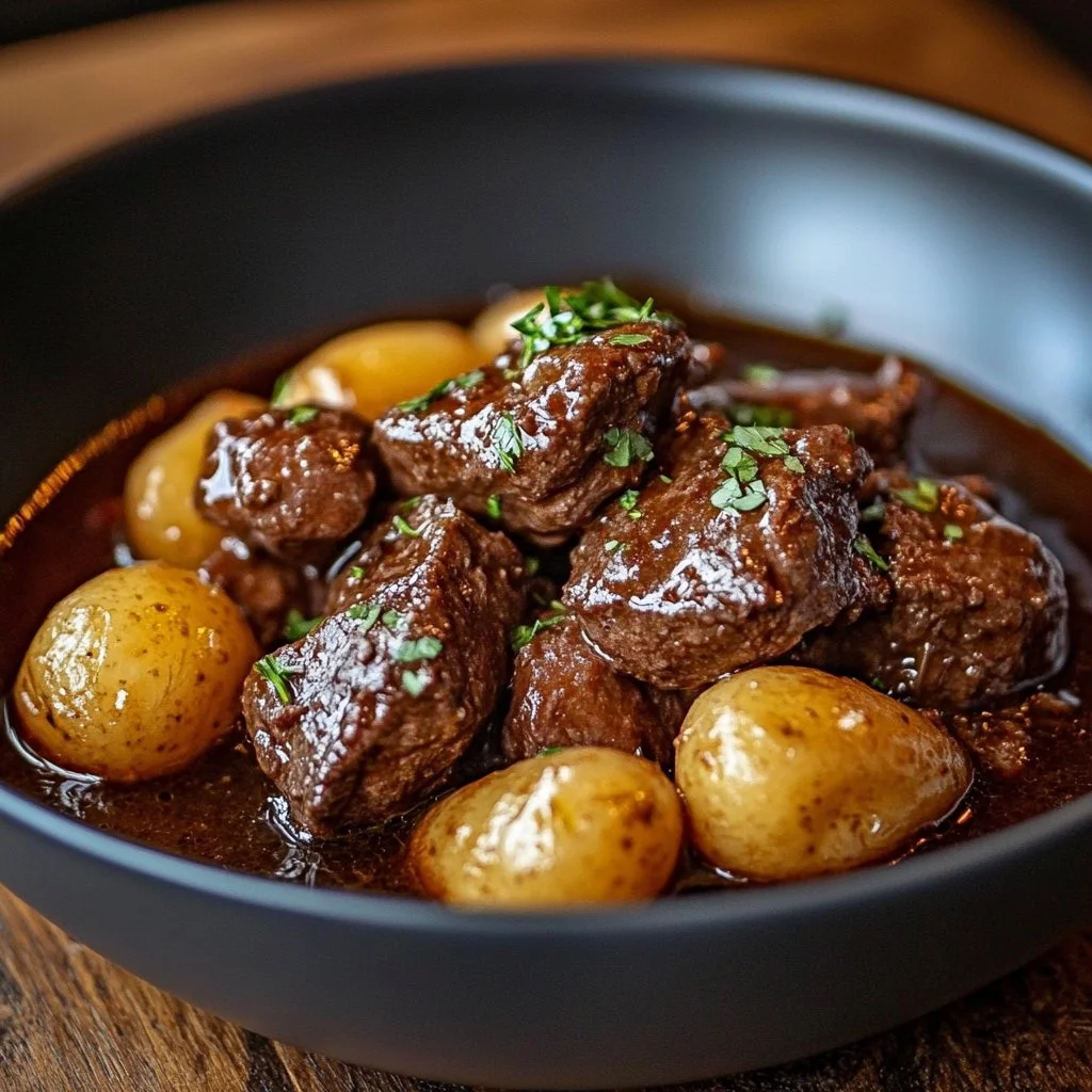 Delicious Slow Cooker Garlic Butter Beef with Potatoes ready to serve