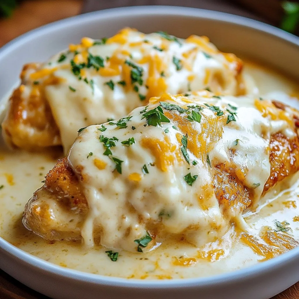 Delicious smothered cheesy sour cream chicken garnished with herbs