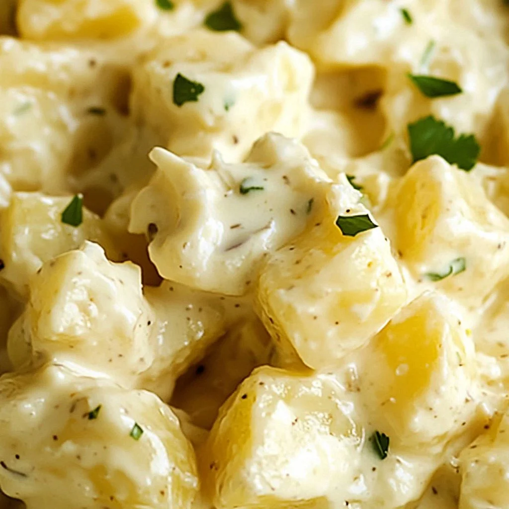 Bowl of creamy Southern potato salad with eggs and herbs